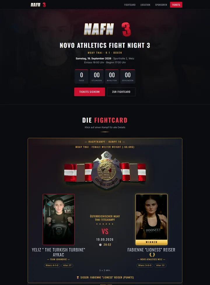 nafn.at: main event with title belt, winner, and fight card