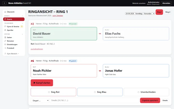 Ring view: start the bout, record the result and method