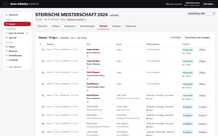 Bout management: generate brackets, track rounds and status