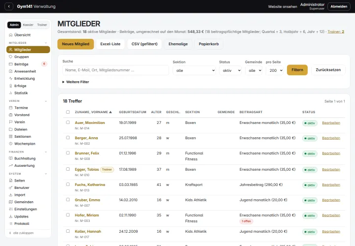 Mitgliederverwaltung mit Suche, Filtern und Export