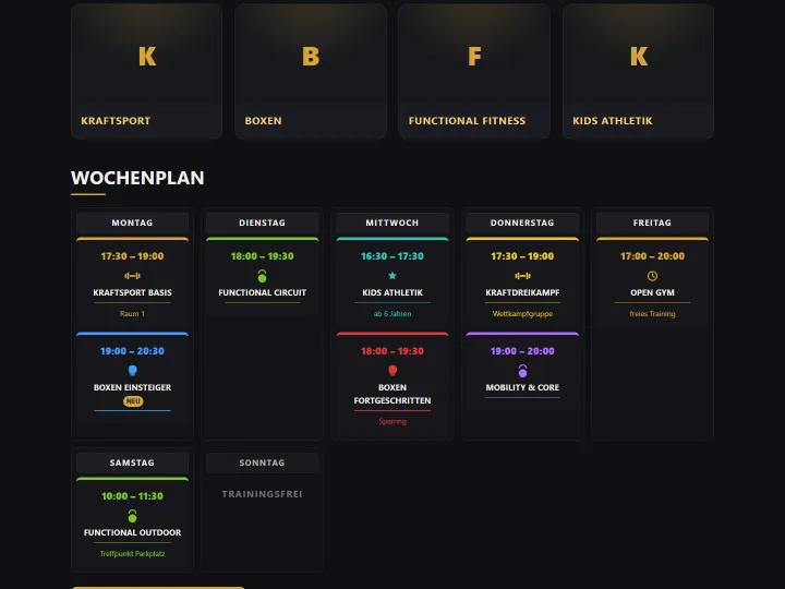 Öffentliche Website mit klickbarem Wochenplan im Grafik-Look