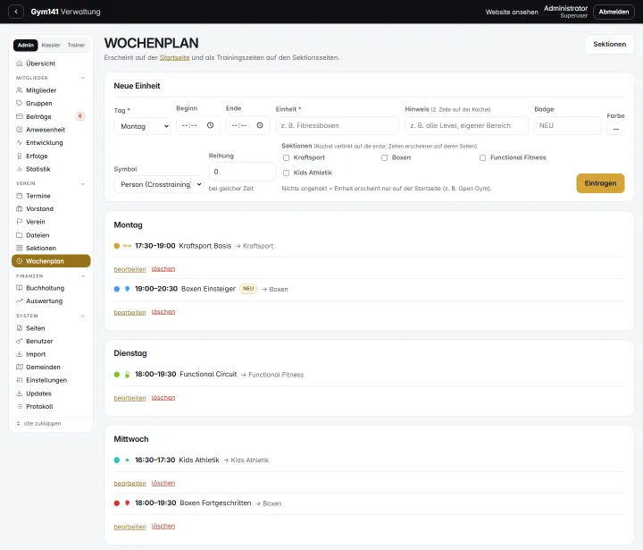 Wochenplan im Backend pflegen: Zeiten, Farben, Symbole, Sektionen