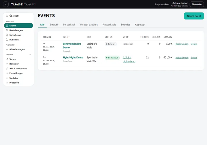 Admin: all events with status, tickets, admission, and revenue